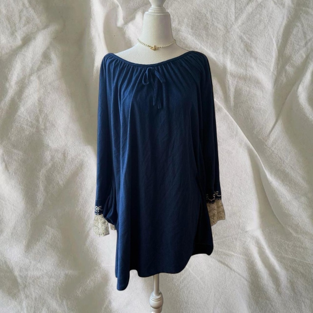 Navy Blue Women's Chemise with Lace Trim